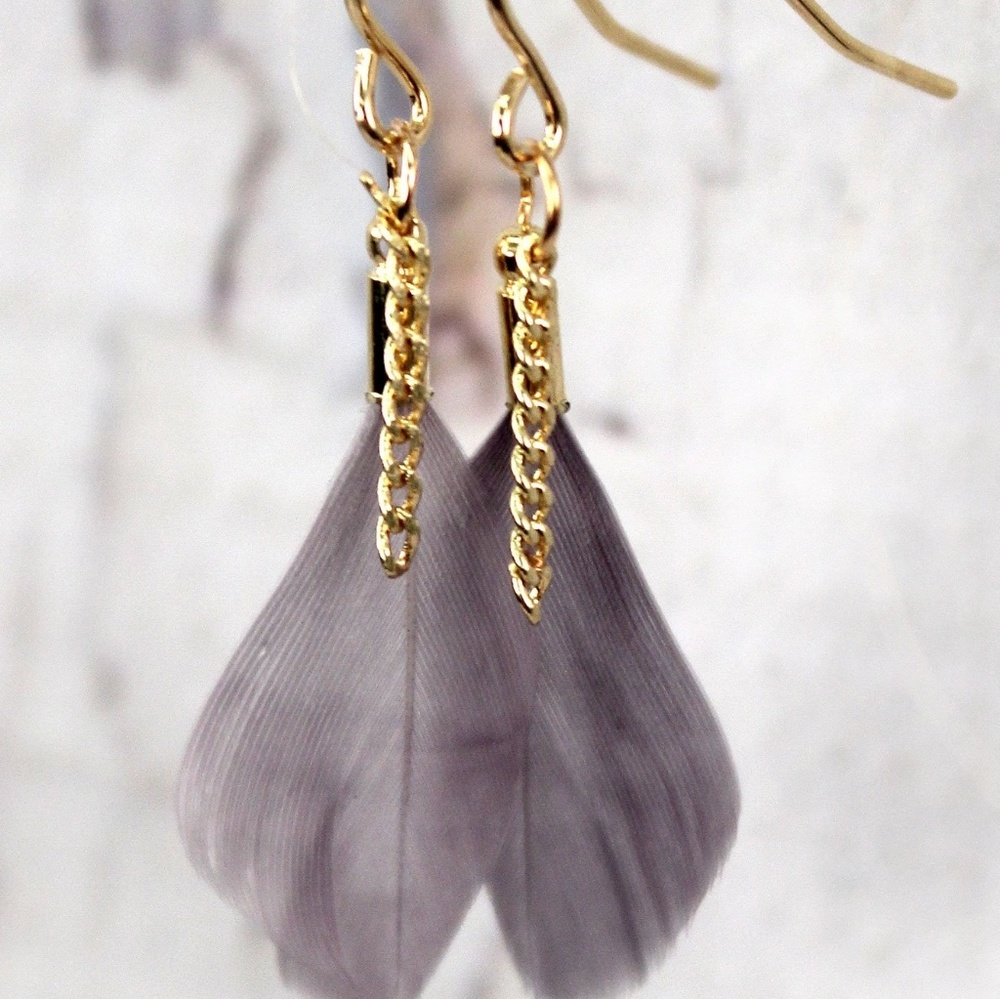Gray Feather & Goldtone Earrings